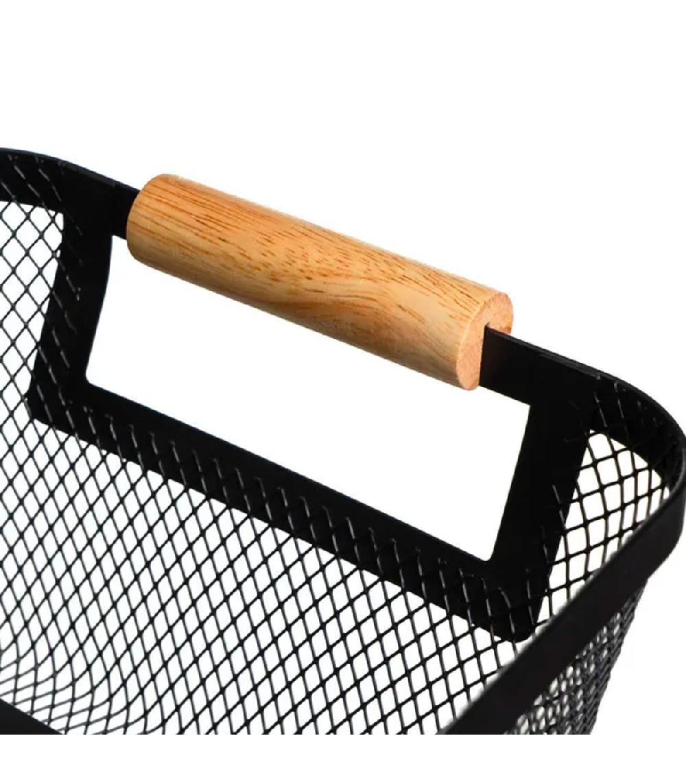 Wadiga Set 2 Paniers De Rangement Multiusage Métal Noir Et Bois 33x21x14cm