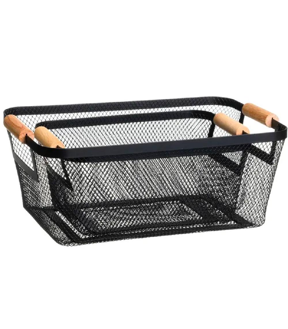 Wadiga Set 2 Paniers De Rangement Multiusage Métal Noir Et Bois 33x21x14cm