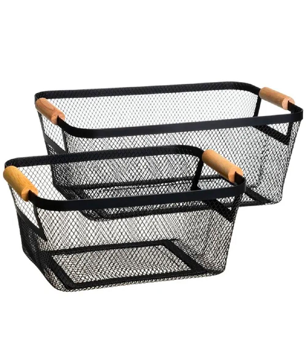 wadiga Set 2 paniers de rangement multiusage métal noir et bois 33x21x14cm