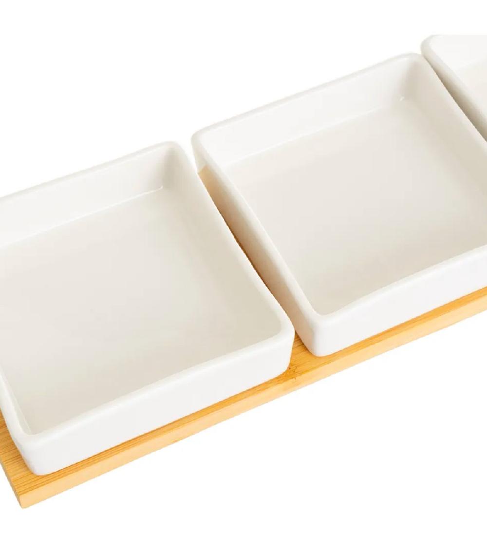Wadiga Set 3 Coupelles Carrées En Porcelaine Avec Plateau Bambou