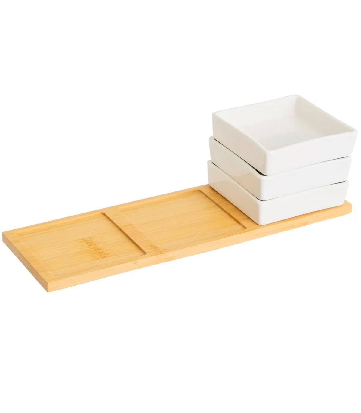 Wadiga Set 3 Coupelles Carrées En Porcelaine Avec Plateau Bambou