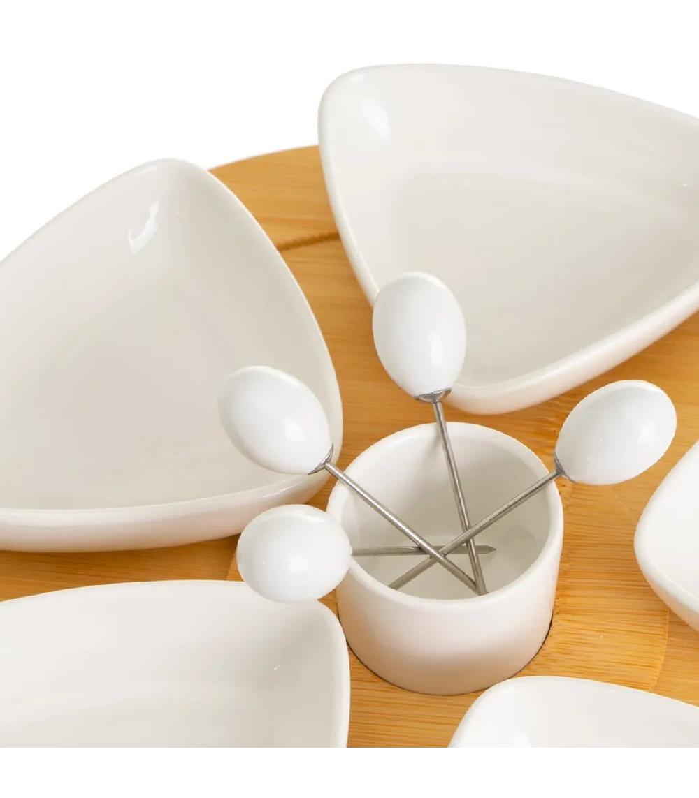Wadiga Set 6 Coupelles En Porcelaine Avec Piques Et Plateau Bambou Rond