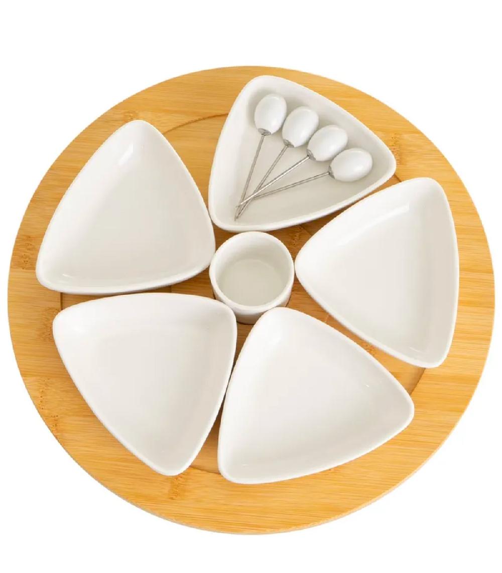 Wadiga Set 6 Coupelles En Porcelaine Avec Piques Et Plateau Bambou Rond