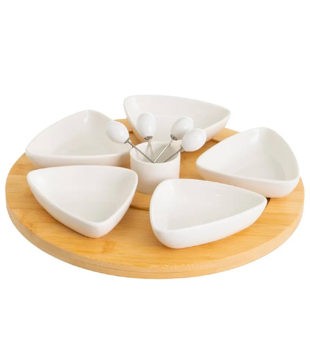 wadiga Set 6 coupelles en porcelaine avec piques et plateau bambou rond