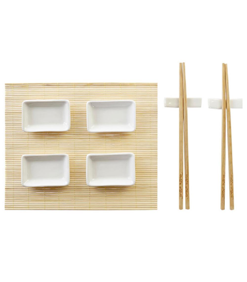 wadiga Set à sushi 9 pièces bambou et céramique blanche