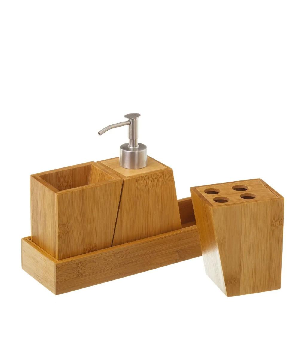 Wadiga Set Bambou Salle De Bain Distributeur Savon Porte Brosse à Dents Gobelet Rangement