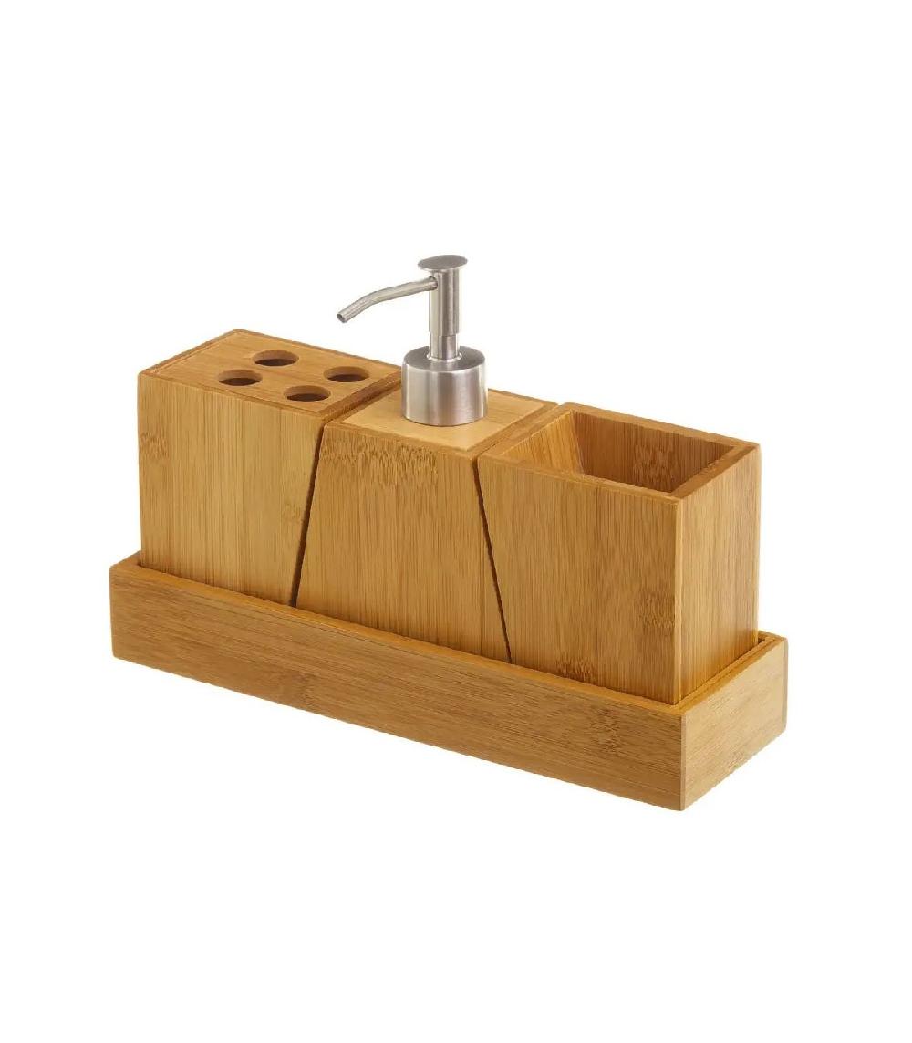 wadiga Set Bambou Salle de Bain Distributeur Savon Porte Brosse à Dents Gobelet Rangement