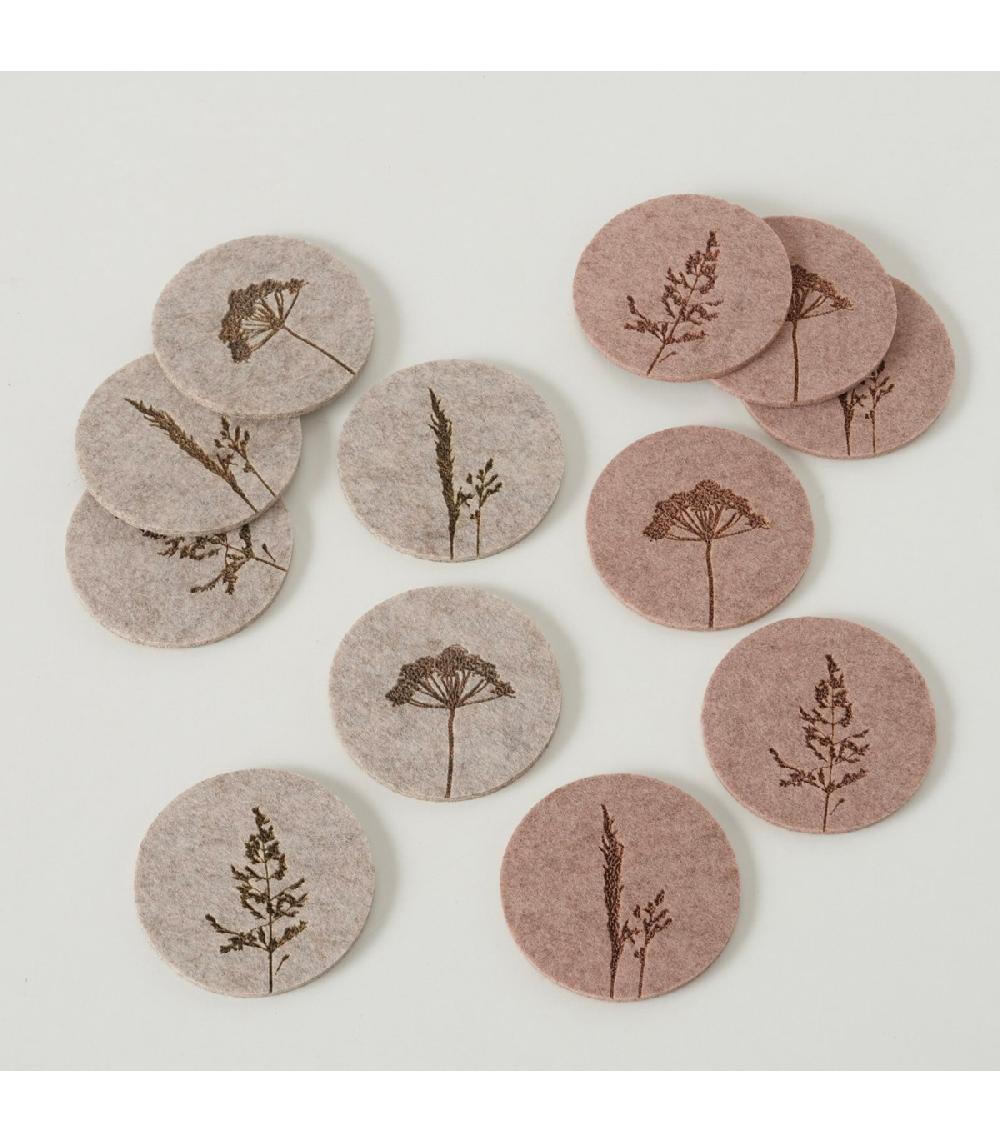 Wadiga Set De 12 Dessous De Verre Ronds En Feutre Herbes D10cm