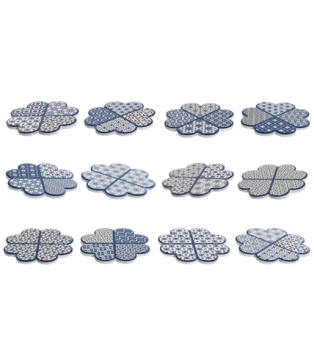 Wadiga Set De 12 Dessous De Verres En Dolomite Bleu Et Blanc 11.5x11.5x0.7cm