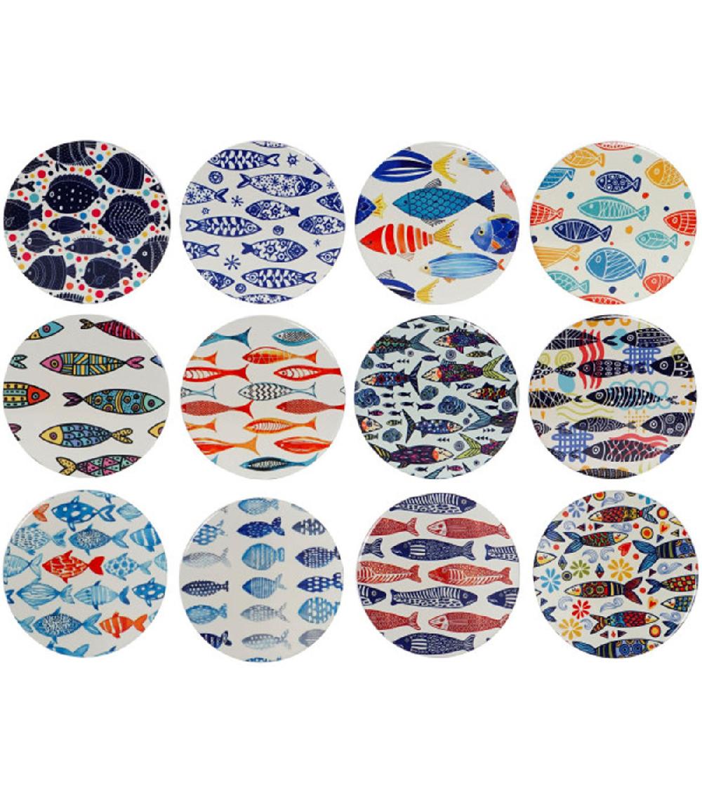 wadiga Set de 12 dessous de verres en dolomite poissons 11x11x0.7cm
