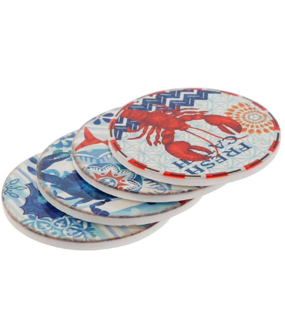 Wadiga Set De 12 Dessous De Verres En Dolomite Poissons Et Crustacés 11x11x0.7cm