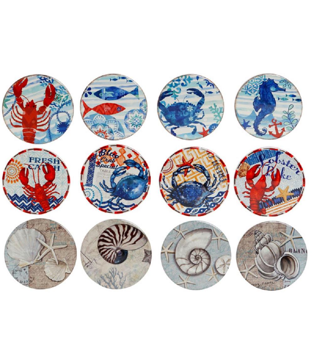 wadiga Set de 12 dessous de verres en dolomite poissons et crustacés 11x11x0.7cm