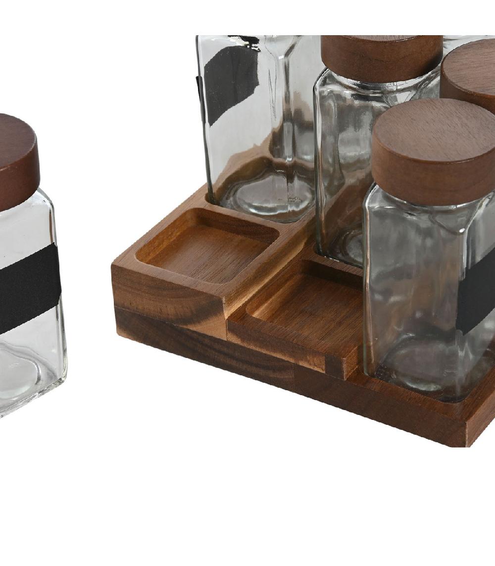 Wadiga Set De 12 Pots à épices En Verre Et Support En Bois 20.5x16.5x13cm