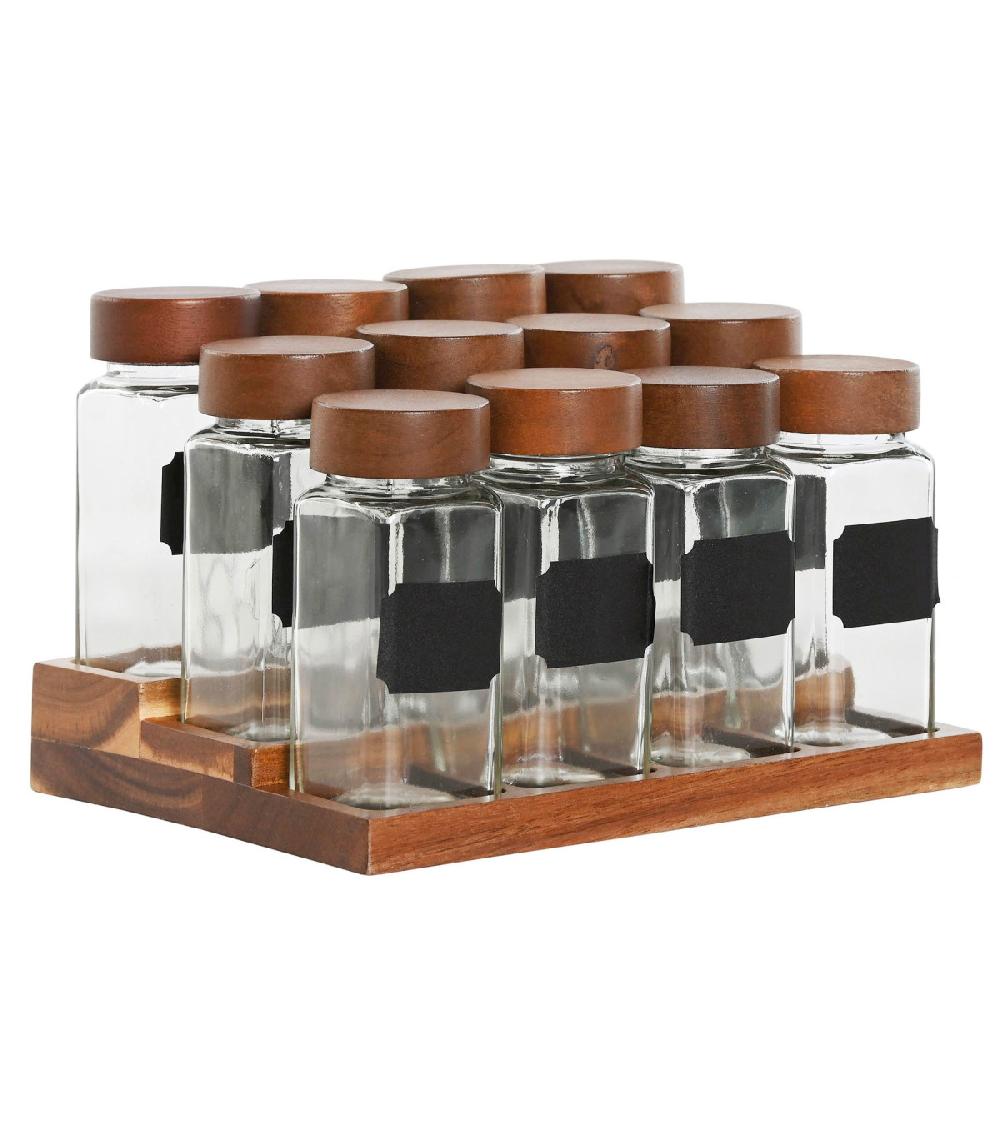 wadiga Set de 12 pots à épices en verre et support en bois 20.5x16.5x13cm
