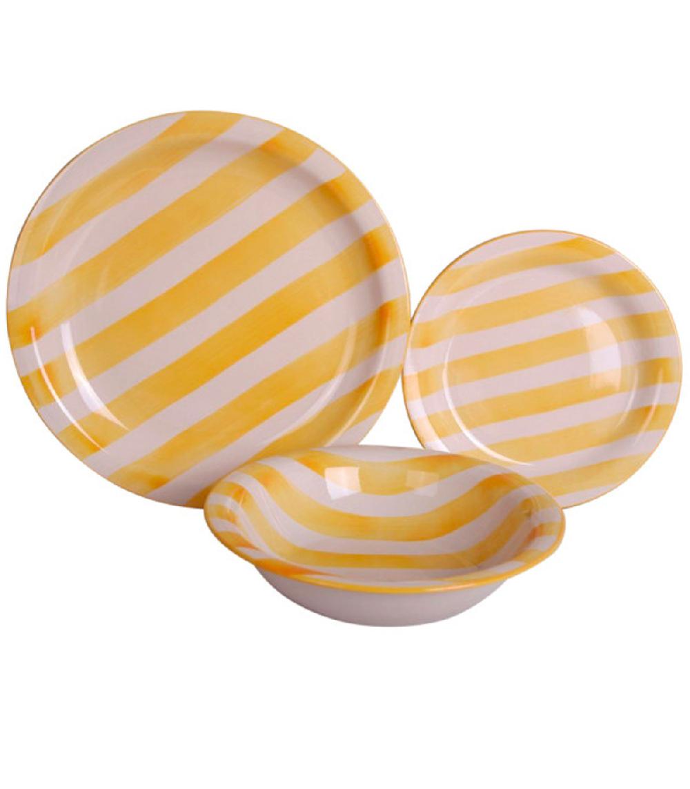 Wadiga Set De 18 Assiettes Faïence Rayures Bleues Jaunes Rouges 27.5x27.5x2.5cm