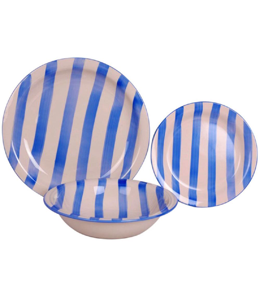 Wadiga Set De 18 Assiettes Faïence Rayures Bleues Jaunes Rouges 27.5x27.5x2.5cm