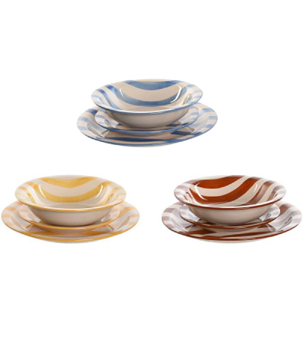 wadiga Set de 18 assiettes faïence rayures bleues jaunes rouges 27.5x27.5x2.5cm