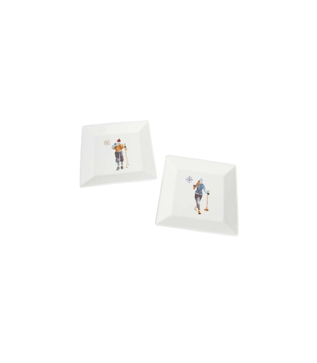 wadiga Set de 2 Assiettes Creuses en Céramique Blanche Skieurs Flocon