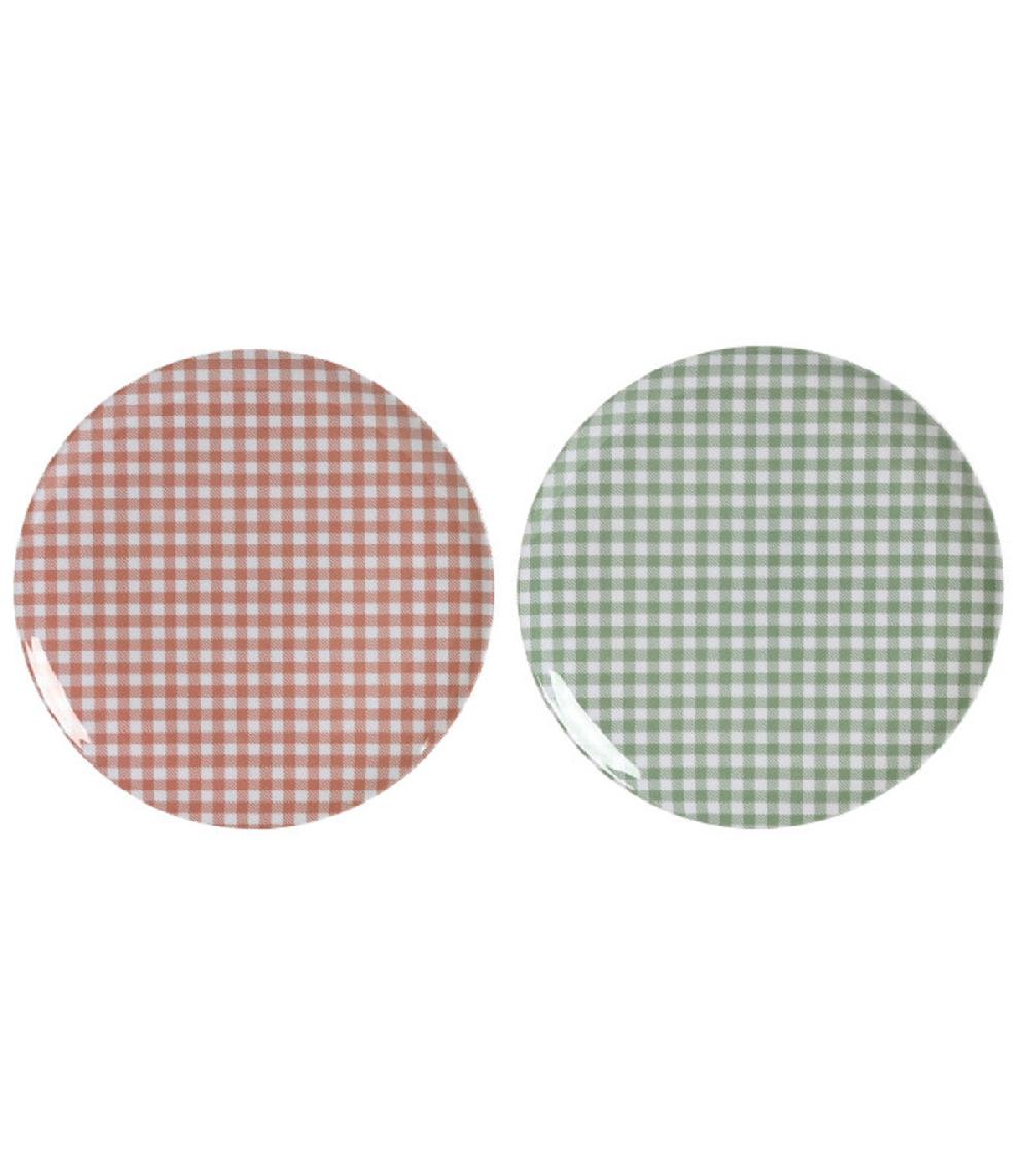 wadiga Set de 2 assiettes en mélamine vichy vert et rouge 20x20x1cm