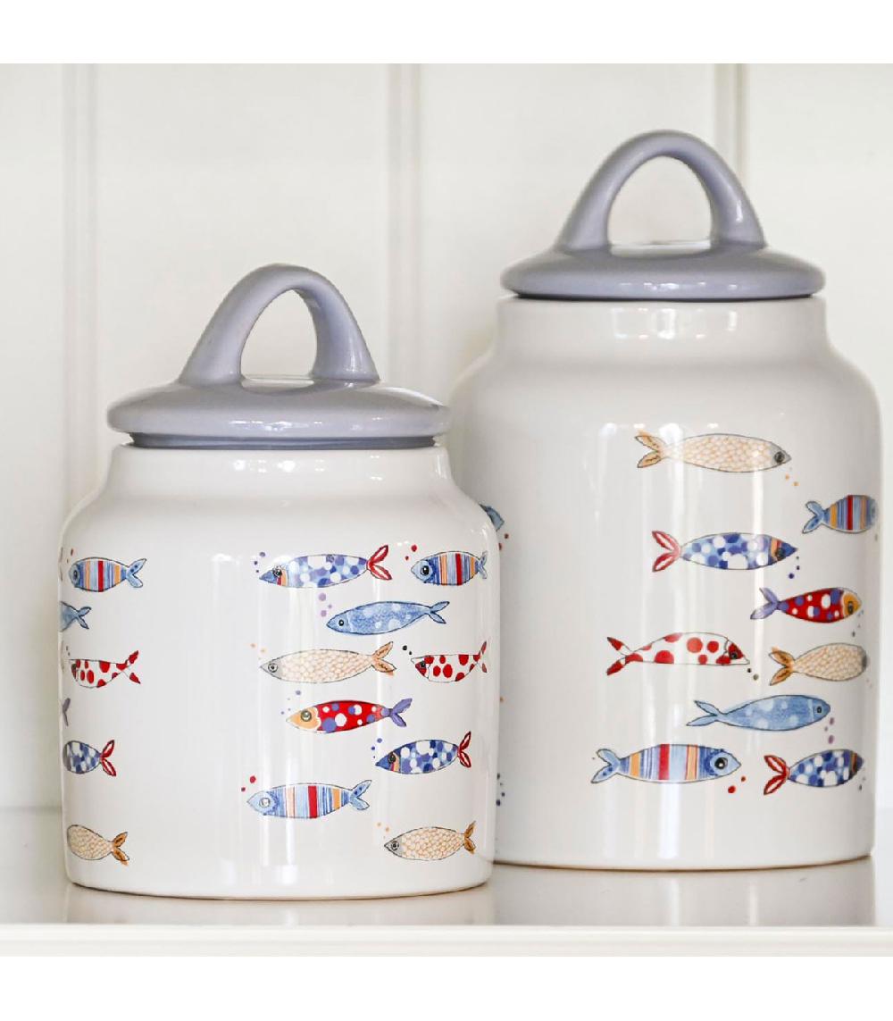 Wadiga Set De 2 Bocaux Cuisine En Grès Ancres Et Poissons 11x11x16cm