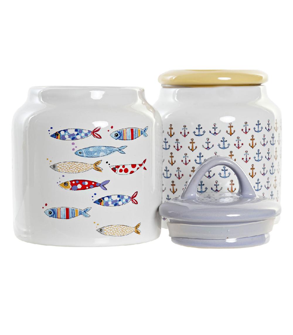 Wadiga Set De 2 Bocaux Cuisine En Grès Ancres Et Poissons 11x11x16cm