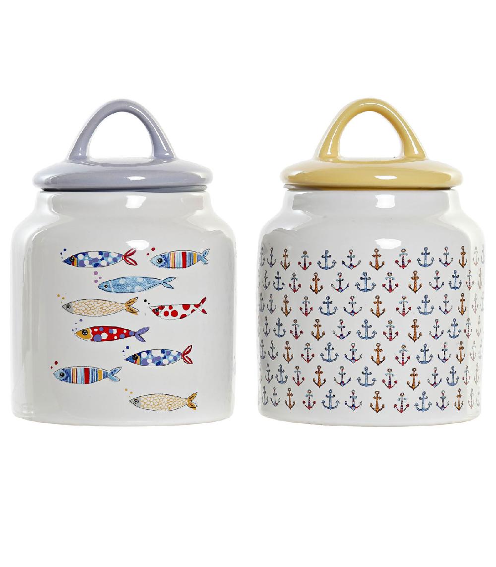 wadiga Set de 2 bocaux cuisine en grès ancres et poissons 11x11x16cm