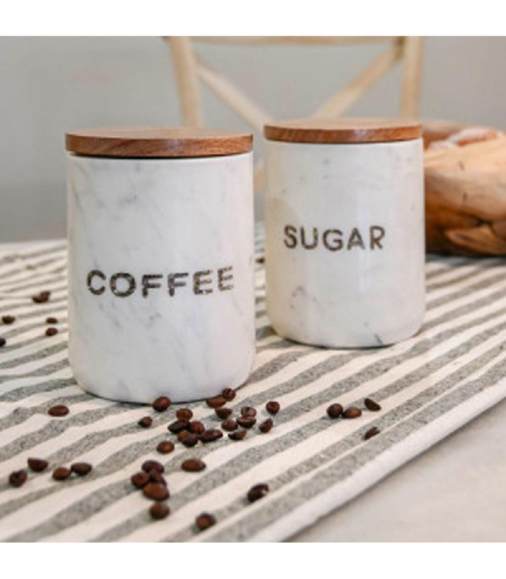 Wadiga Set De 2 Bocaux En Marbre Et Couvercles Bois Coffee Sugar 10x10x14cm
