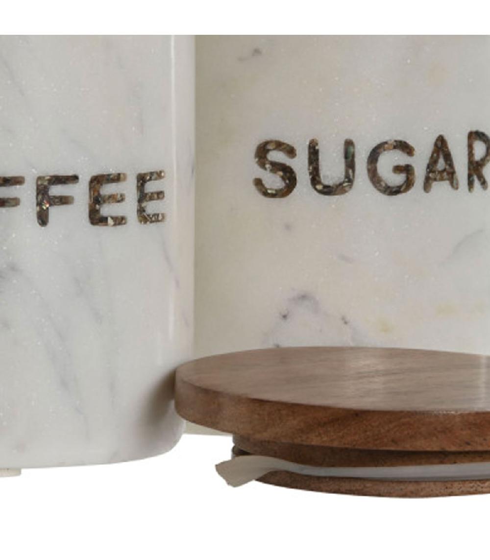 Wadiga Set De 2 Bocaux En Marbre Et Couvercles Bois Coffee Sugar 10x10x14cm