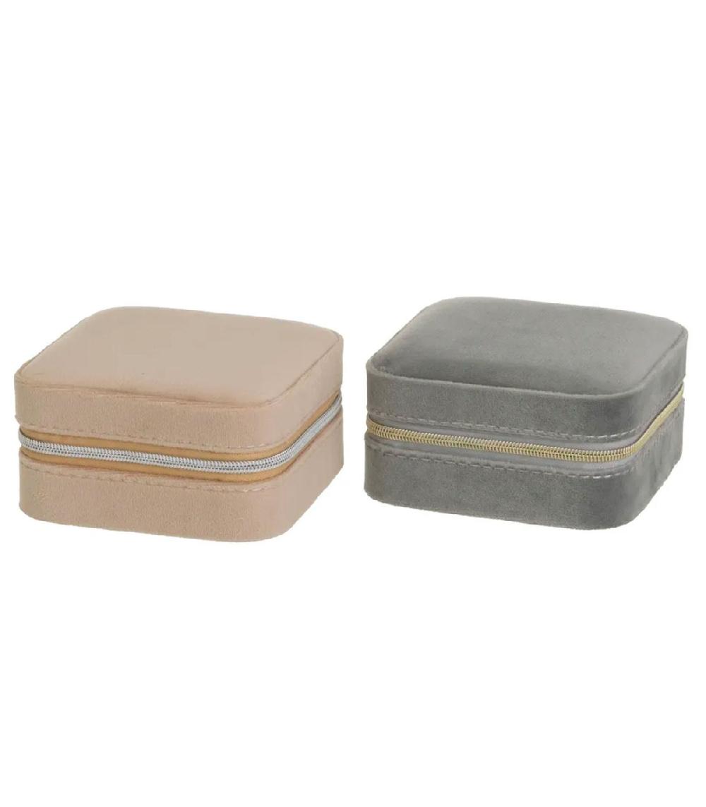 Wadiga Set De 2 Boîtes à Bijoux De Voyage Velours Beige Et Gris 10x10x4.5cm