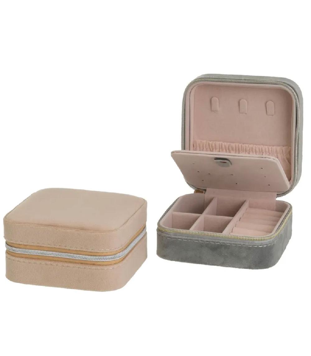 wadiga Set de 2 boîtes à bijoux de voyage velours beige et gris 10x10x4.5cm