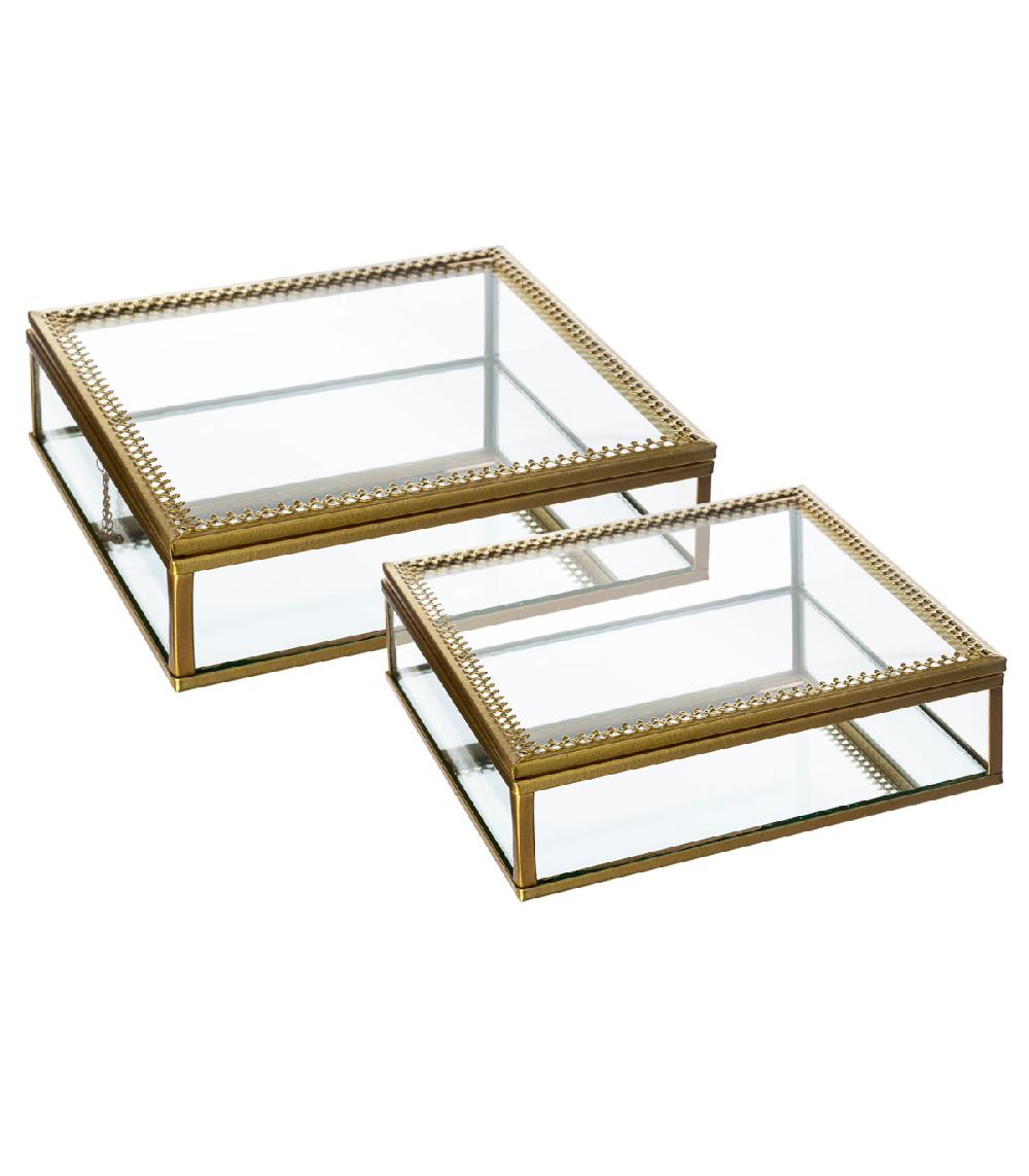 wadiga Set de 2 boîtes à bijoux en métal doré et verre 18.5x18.2x5.6cm