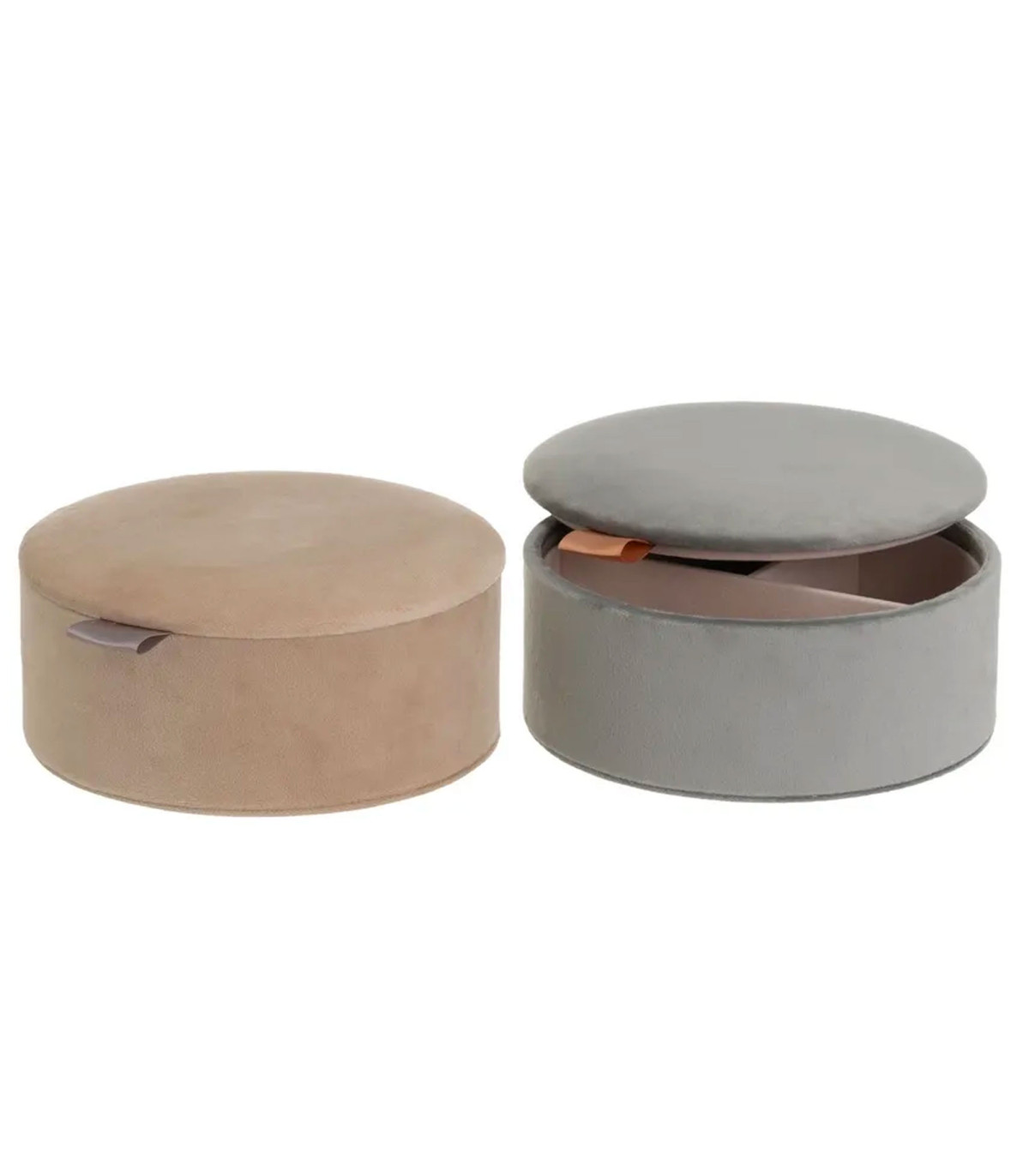 wadiga Set de 2 boîtes à bijoux rondes velours beige et gris 16x16x6.5cm