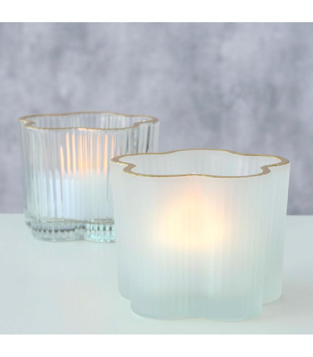 Wadiga Set De 2 Bougeoirs En Verre Strié Et Liseré Doré 7.5x7.5x6cm