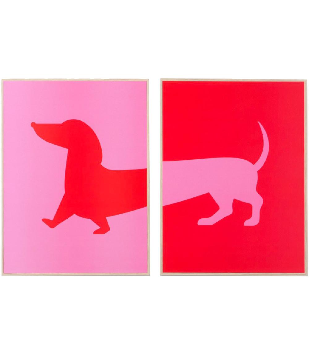 Wadiga Set De 2 Cadres Décoratifs Bois Chien Rouge Et Rose 30x3x40cm