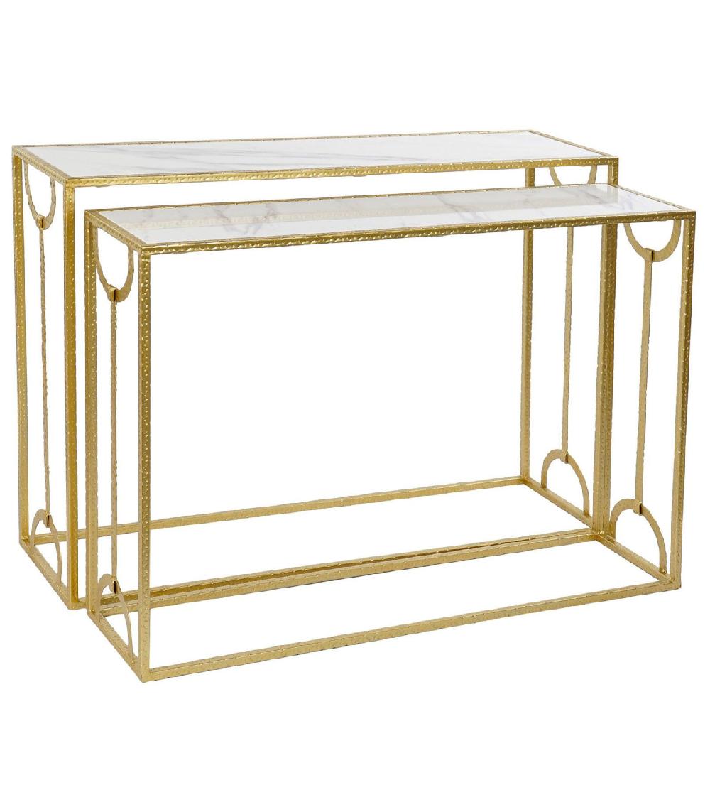 wadiga Set de 2 Consoles métal doré et plateaux marbre - 110x32.5x83.5cm