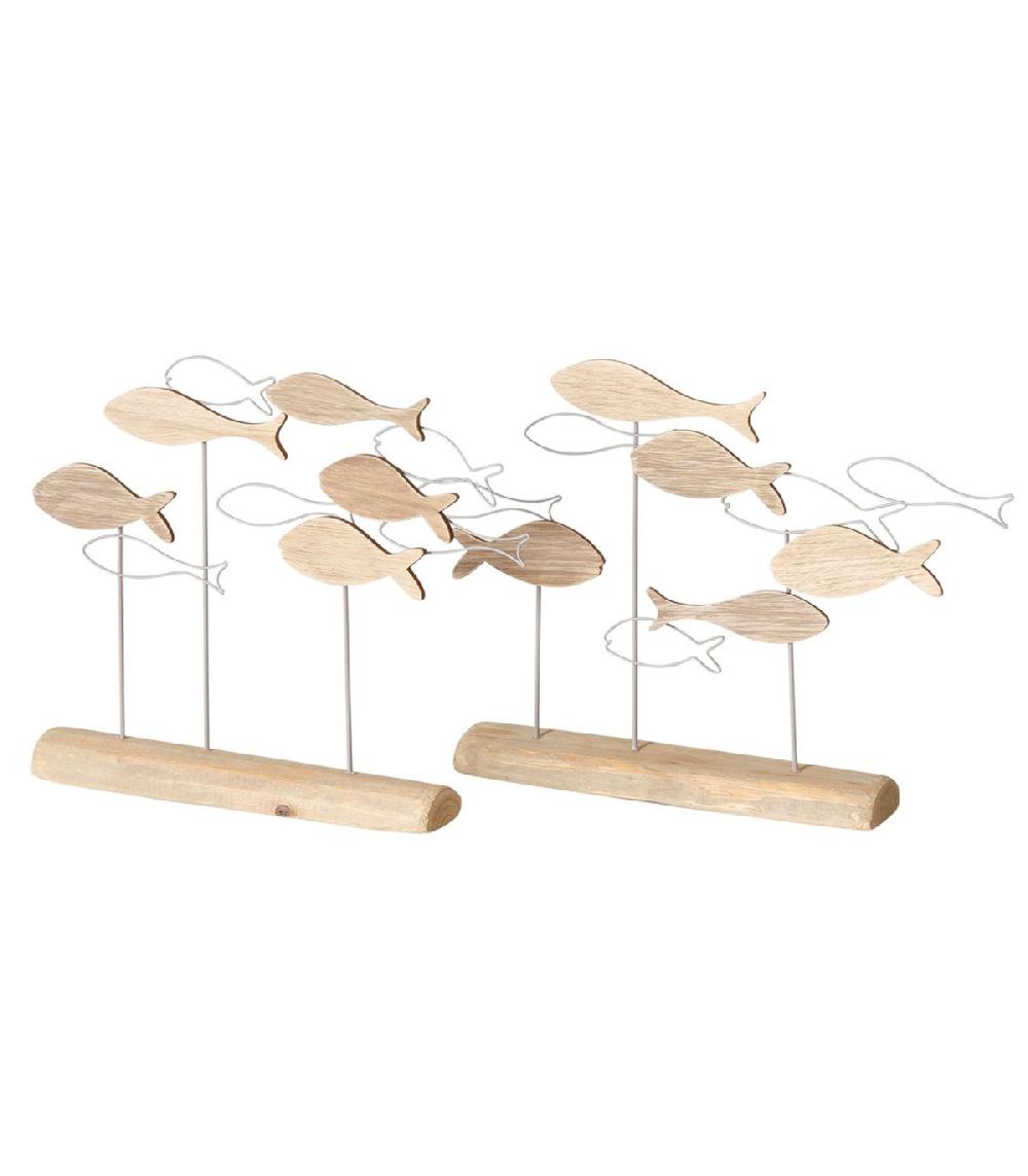 wadiga Set de 2 décorations à poser bois et métal banc poissons 36x5x25cm
