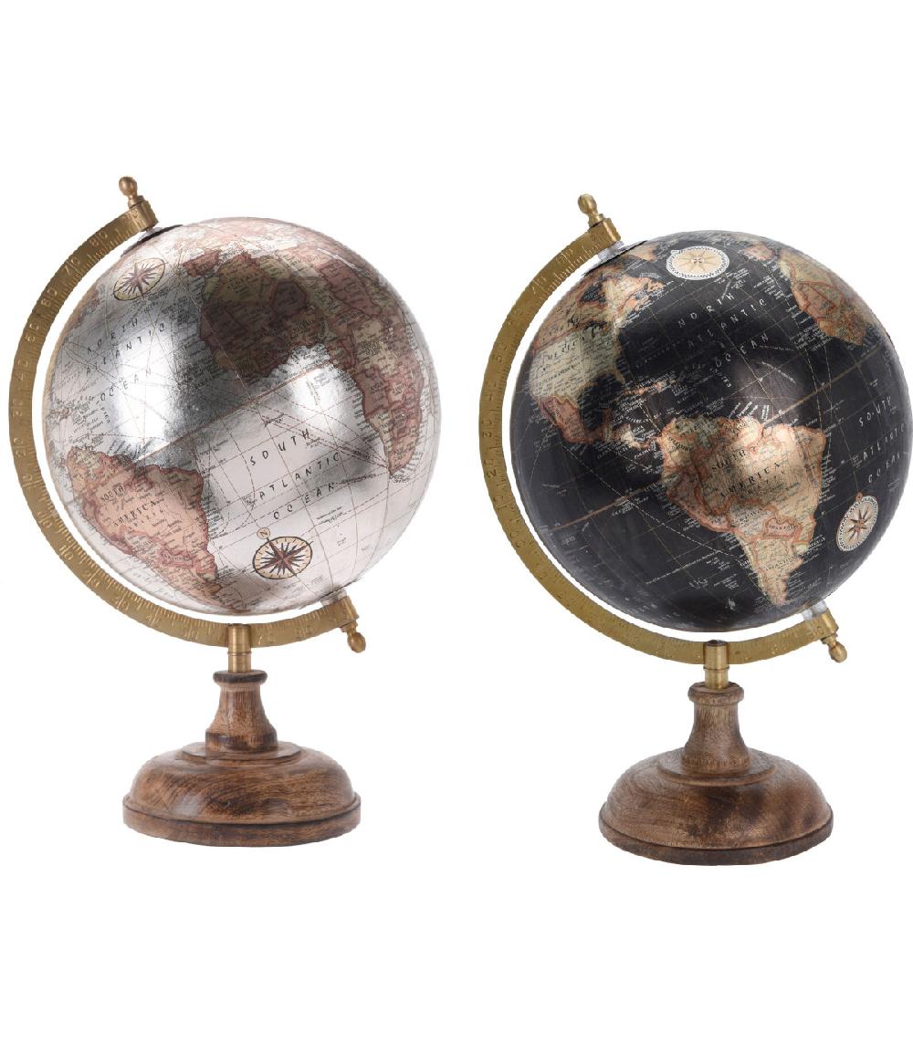 wadiga Set de 2 Globes Terrestres Style Ancien Argent et Noir
