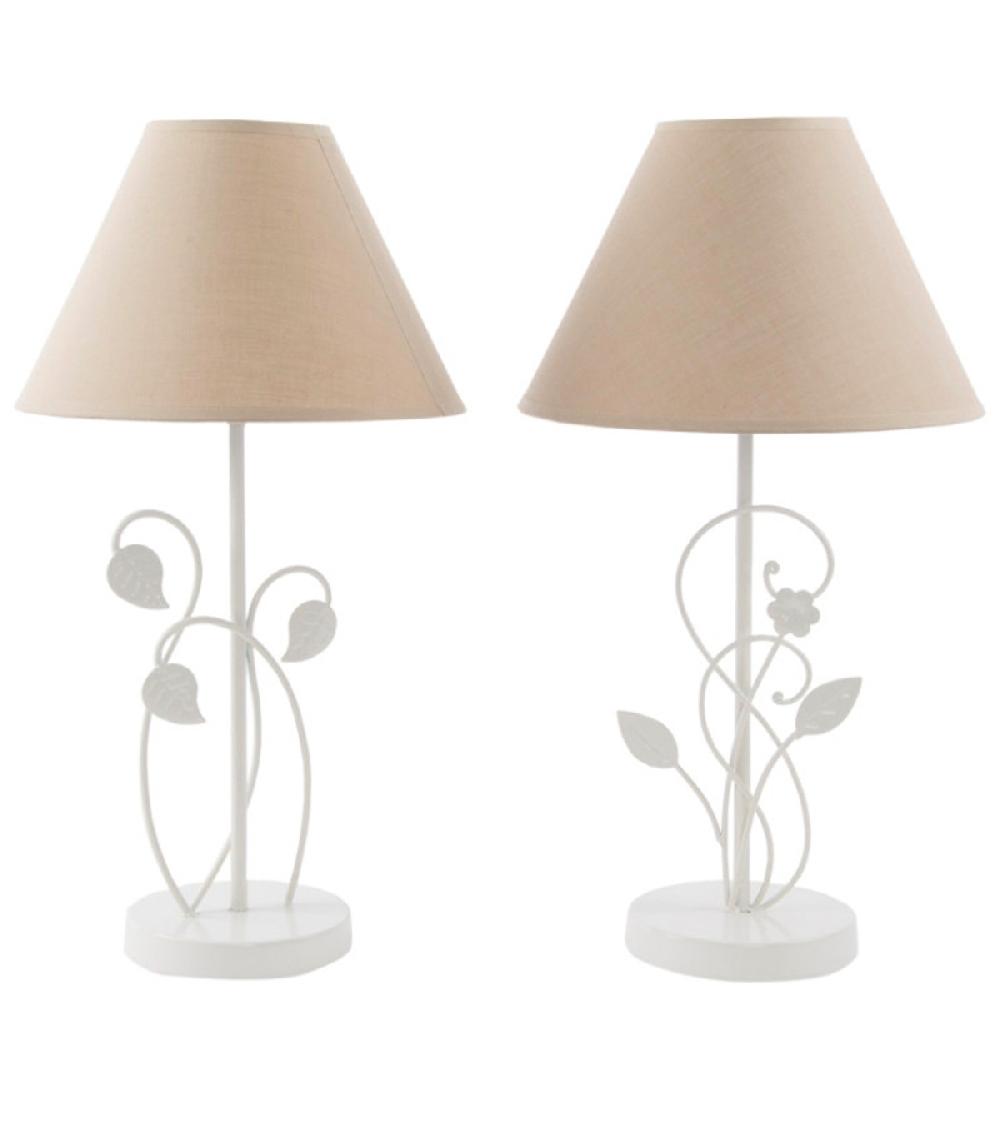 wadiga Set de 2 lampes à poser en métal blanc et abat-jours beige feuillage