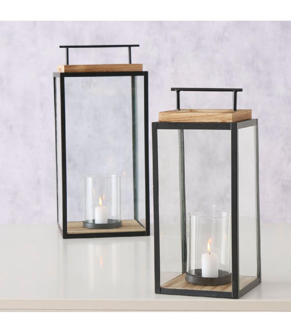 Wadiga Set De 2 Lanternes En Métal Noir Et Bois 20x20x45cm