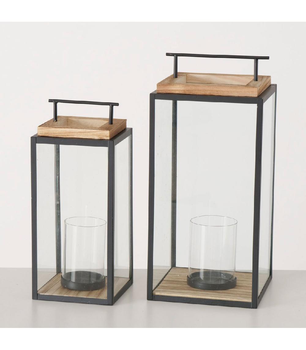 Wadiga Set De 2 Lanternes En Métal Noir Et Bois 20x20x45cm