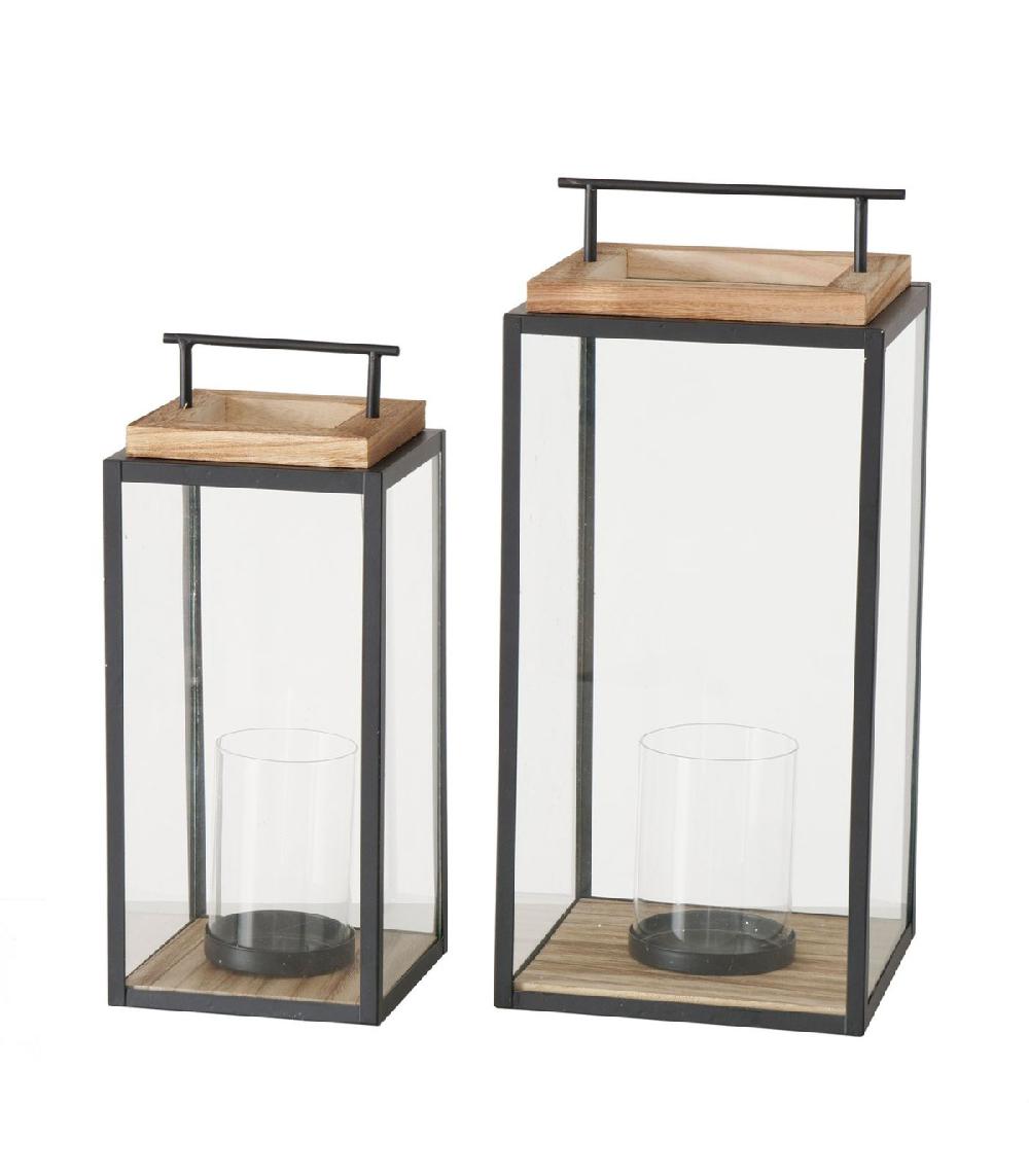 wadiga Set de 2 lanternes en métal noir et bois 20x20x45cm
