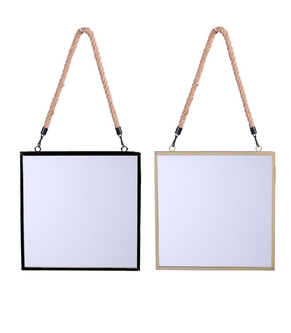 wadiga Set de 2 miroirs carrés suspendus corde noir et doré - 30x30cm