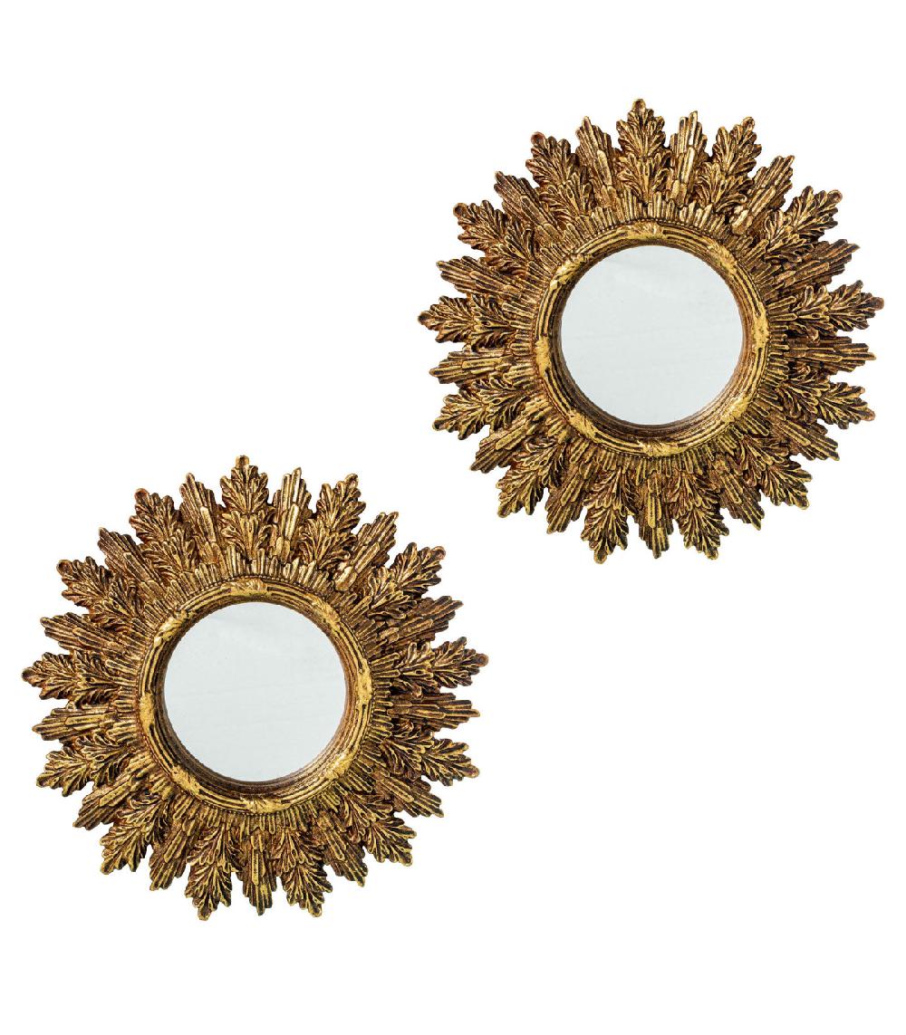 wadiga Set de 2 miroirs ronds soleils en résine dorée 22x22x2cm