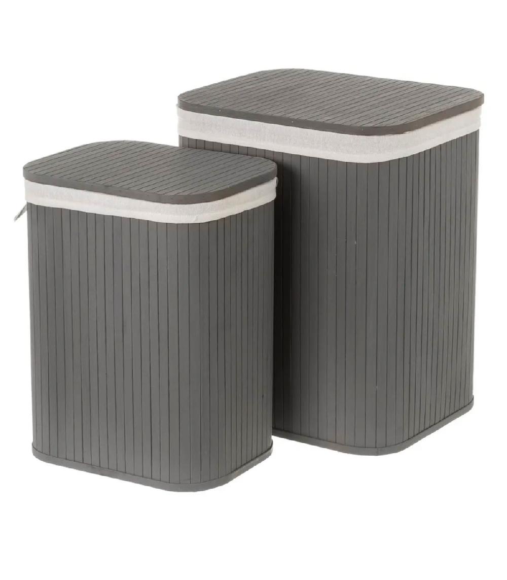 wadiga Set de 2 paniers à linge rectangulaires bambou gris et intérieur tissu