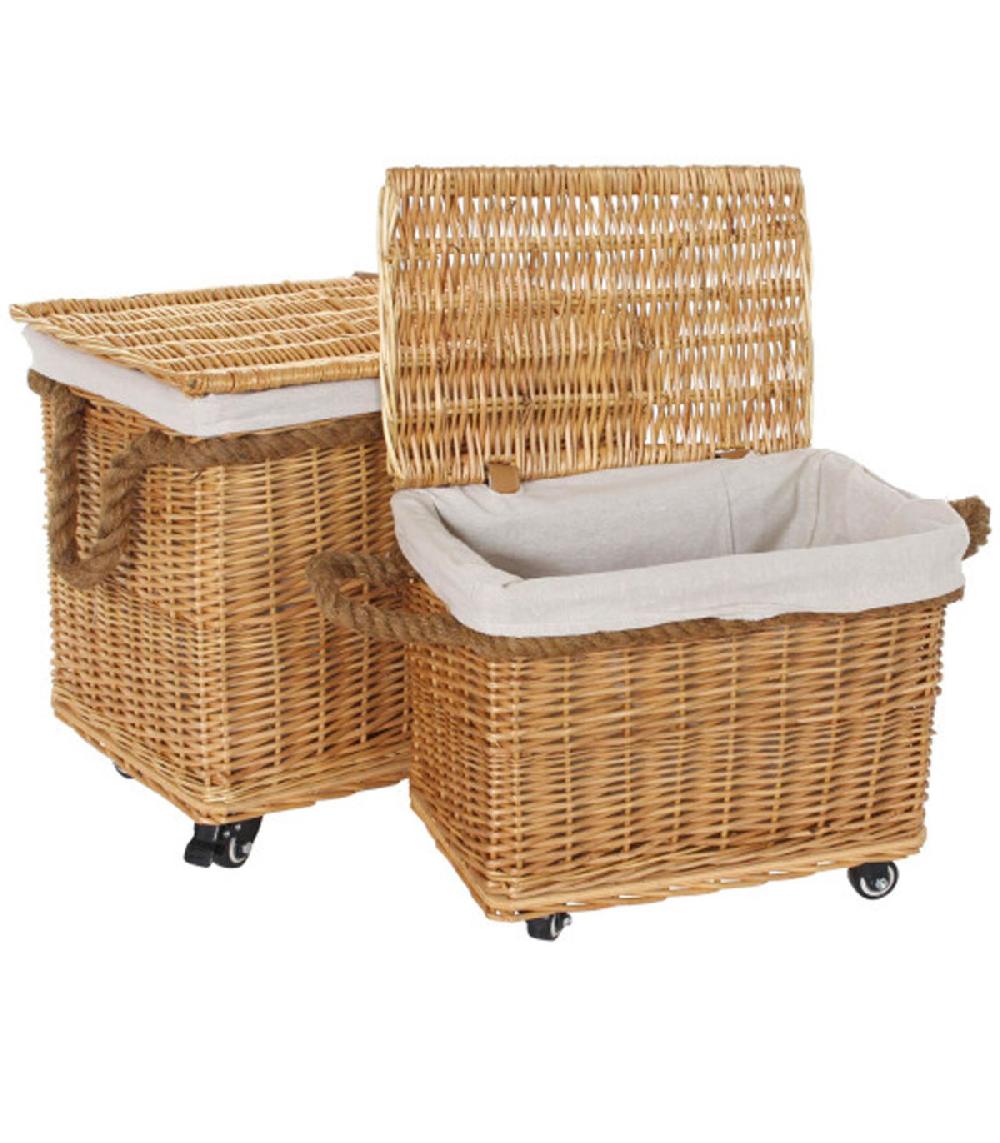Wadiga Set De 2 Paniers Tressés En Osier Sur Roulettes 48x33x43cm