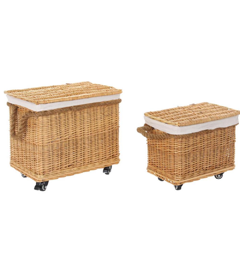 wadiga Set de 2 paniers tressés en osier sur roulettes 48x33x43cm