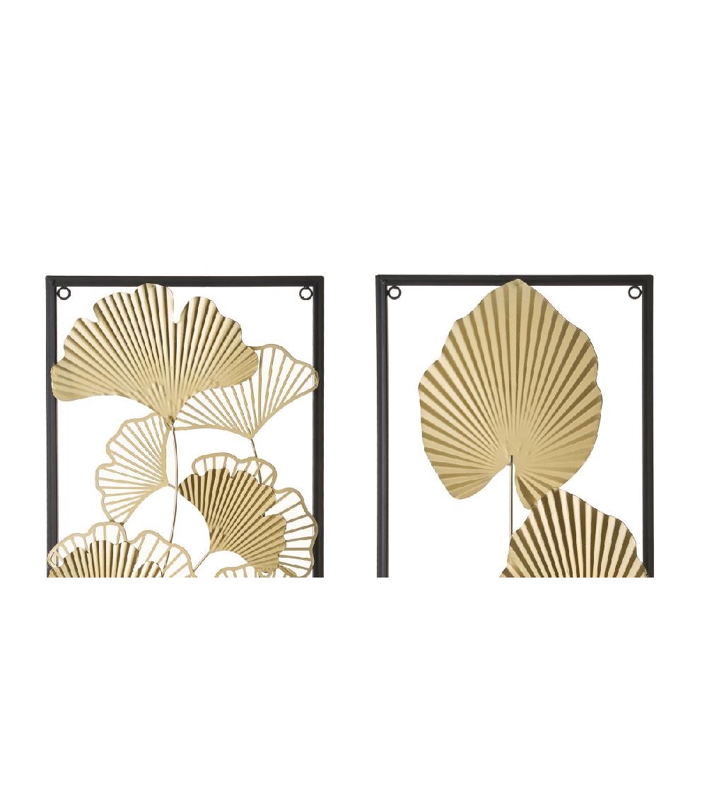 Wadiga Set De 2 Panneaux Décoratifs Muraux En Métal Noir Et Doré Feuillage