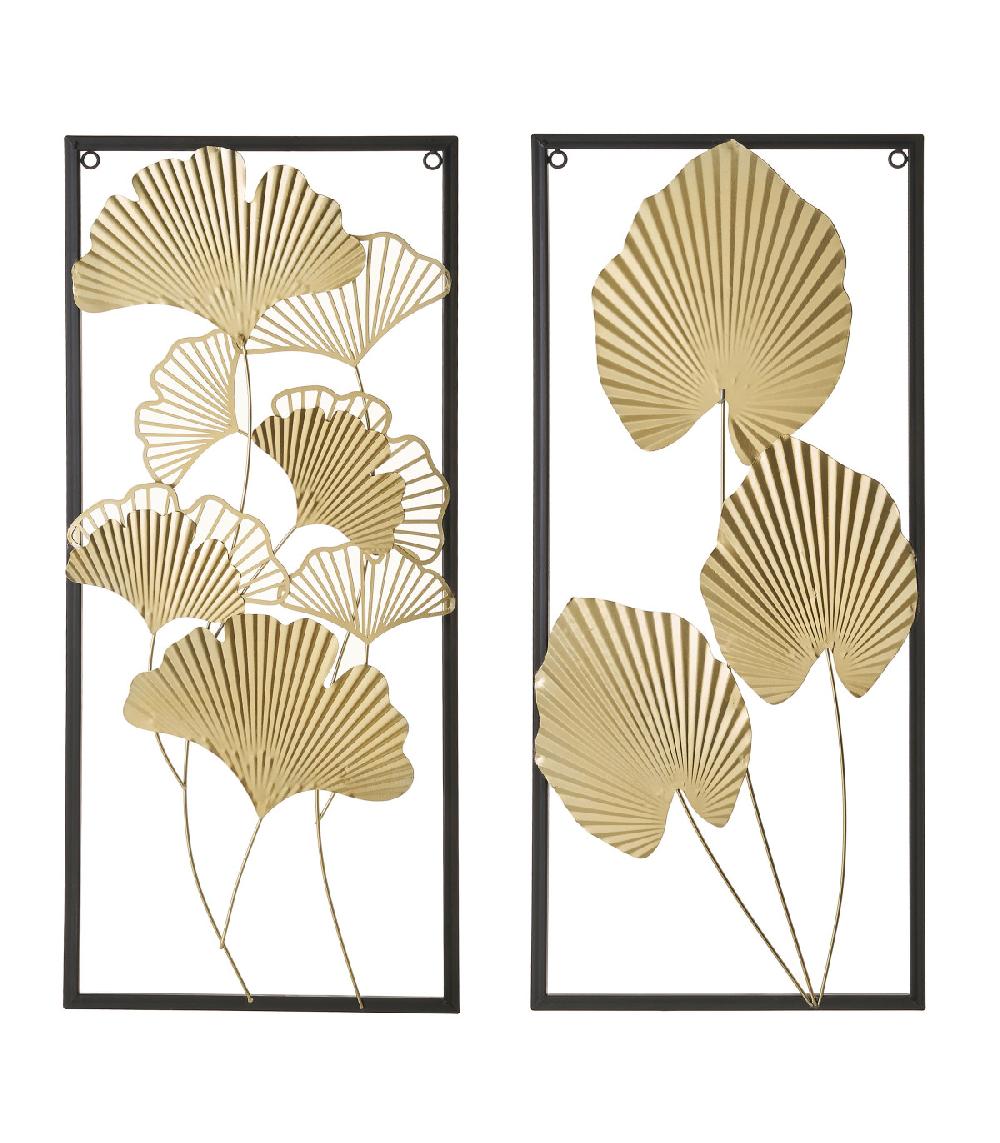 wadiga Set de 2 Panneaux Décoratifs Muraux en Métal Noir et Doré Feuillage