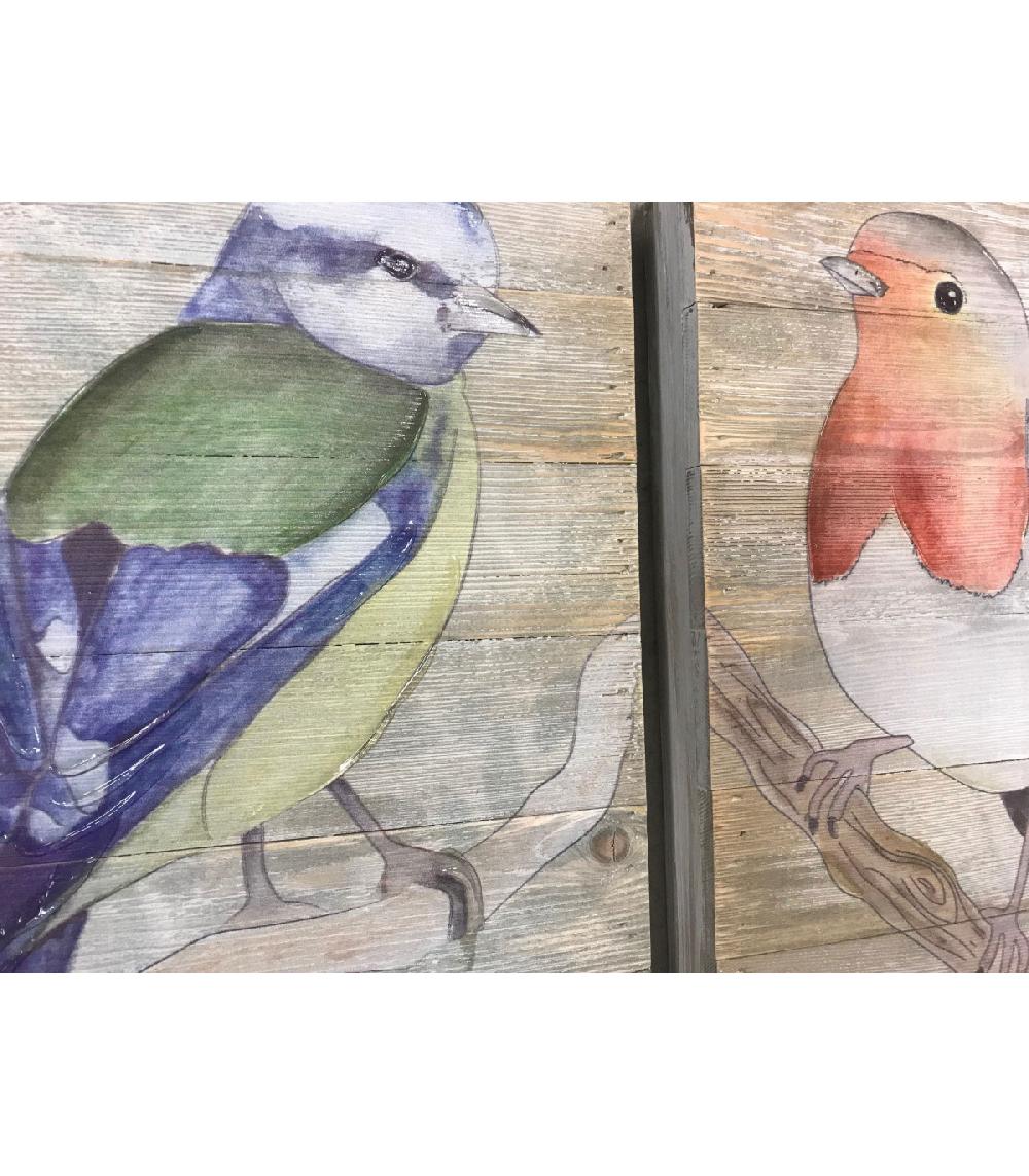 Wadiga Set De 2 Peintures Sur Panneaux Bois Oiseaux Multicolores - 30x30cm