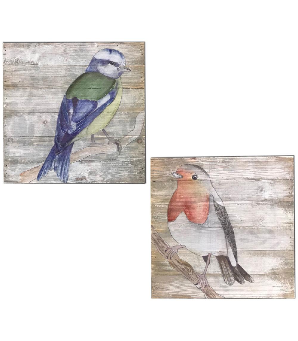 wadiga Set de 2 Peintures sur Panneaux Bois Oiseaux Multicolores - 30x30cm